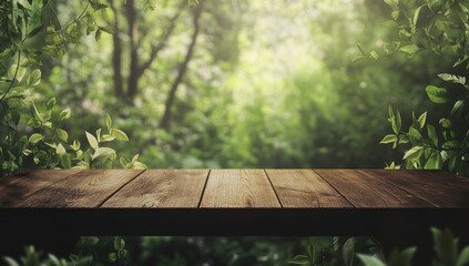 Naklejka premium Wooden table in lush forest background