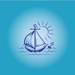 Stylized sailboat illustration with sun and anchor on blue background for marine concepts