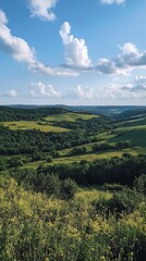 Obraz premium Meadow vista rolling hills under cloudy skies