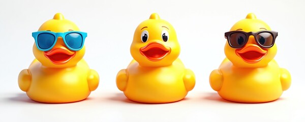 Three yellow rubber ducks in sunglasses over isolated background. Quacky quirky cute playful amusing adorable characters. Bath toy for child. Floating whimsical cheerful humorous comical objects.