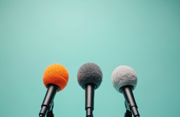 Three fluffy microphones of orange, gray, white colors on stands against blue background. Minimalist media, news press conference concept. Symbol of speech, broadcast journalistic interview reporting