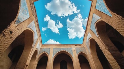 Hanging planters courtyard art installation, blue sky, Italy