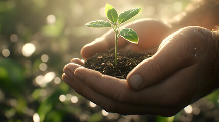 Farmer's hands planting young sprout with green leaves in pile of soil in garden. Growing plant on spring sun. Garden and harvest on early spring. Earth day concept. Ecology, and eco-friendly theme.