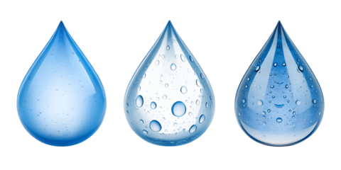Three Different Style Blue Water Drops Sphere on White, Water Droplets Design, Blue Sphere on White, Cut Out