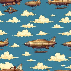 Vintage Steampunk Airships Soaring Through a Cloudy Sky: A Seamless Pattern