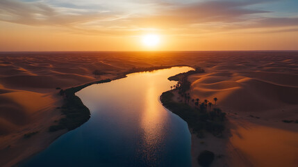 Aerial view of the Sahara Desert with oasis and lake at sunset