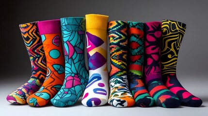 A set of colorful patterned socks, stacked to showcase their fun and unique prints