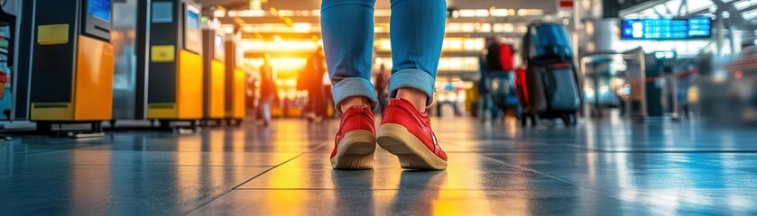 Fototapeta premium Vibrant Red Sneakers on Traveler's Feet at Airport Terminal