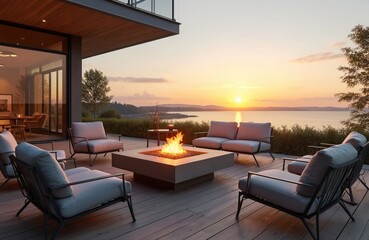 Modern outdoor fire pit surrounded by gray furniture on terrace in residential building at sunset. Concept of relaxation, rest and communication in cosy garden with flames and sea view.