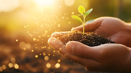 Farmer's hands planting young sprout with green leaves in pile of soil in garden. Growing plant on spring sun. Garden and harvest on early spring. Earth day concept. Ecology, and eco-friendly theme.