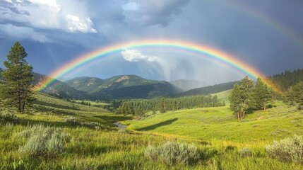 Naklejka premium A rare quadruple rainbow appearing after rain, with a green meadow in the foreground.