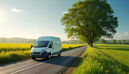 White van drives asphalt road in England countryside. Sunny day, transport delivering goods through idyllic green hills, farm fields. Vehicle drives through rural landscape. Car on travel destination.