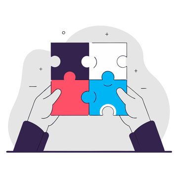 Hands assembling puzzle concept illustration representing teamwork and solutions  

