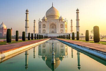 Fototapeta premium Mahal Glowing at Sunrise with Reflections in a Serene Pool