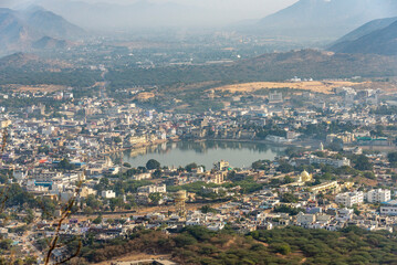 Panoramic view of Pushkar city from Savitri goddess temple, Rajasthan, India, 24 Jan 2024