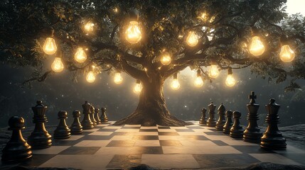 A magical chess scene under a glowing tree, evoking a sense of wonder and strategy in an enchanting environment.
