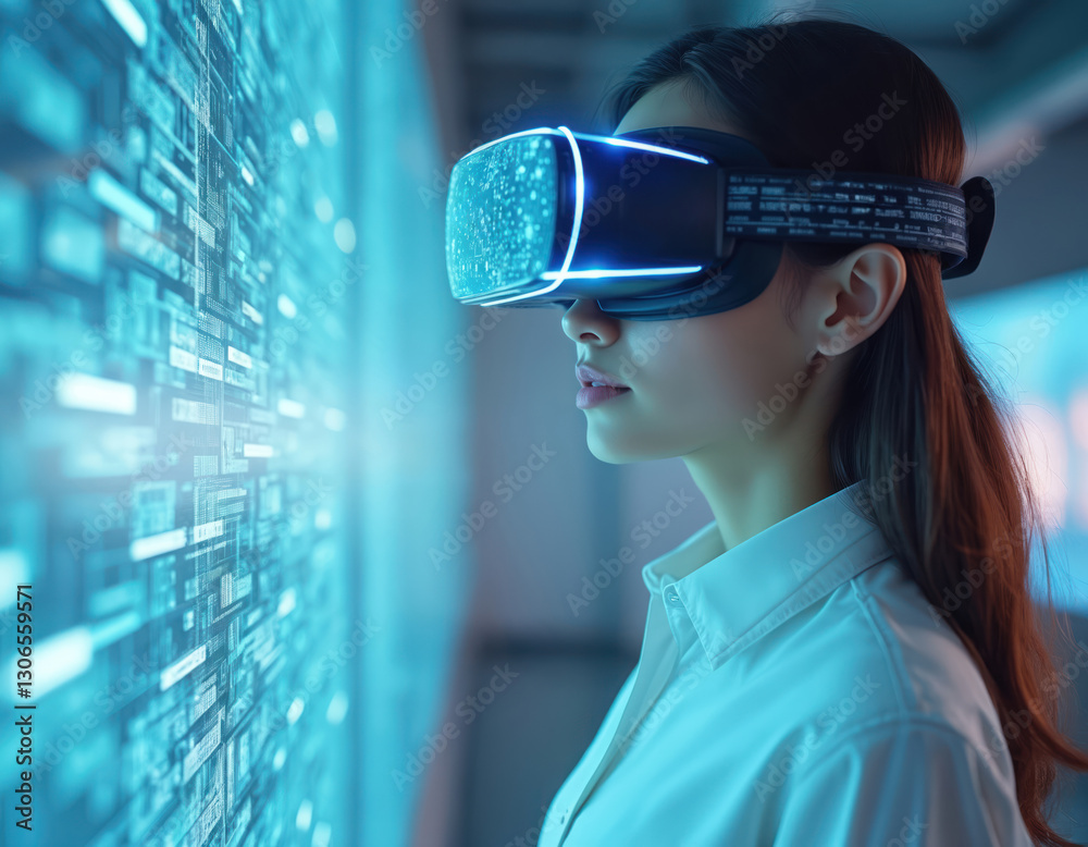 Poster young woman in vr headset looking at digital interface. virtual reality modern tech, augmented reali