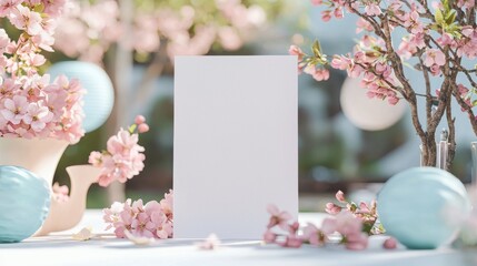 A realistic blank white invitation mockup, size is 5 by 7 inches in portrait orientation at a outdoor garden party, with pastel pink and light blue sakura decor