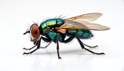 Fototapeta premium Macro shot of fly with iridescent teal body, red eyes on transparent background. Insect has hairy legs, transparent wings. Useful in scientific, zoological or educational projects.