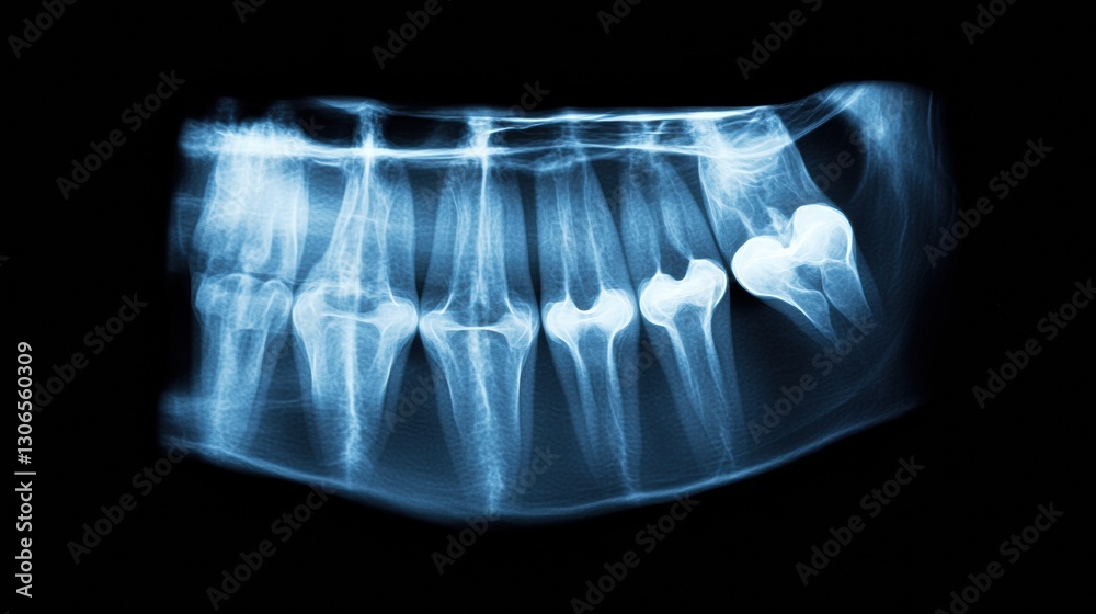 Poster x ray of dental implant with highlighted clarity showing clean lines and dental structure, space for
