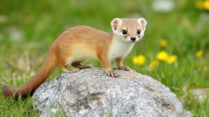 Weasel climbing on a rock in a green meadow with blurred background
