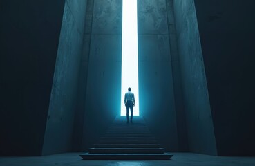 Businessman climbs stairs to bright doorway. Achieving goal, career growth concept. Silhouette man in suit entering light. Stairway to success, opportunity, development, better future, inspiration,