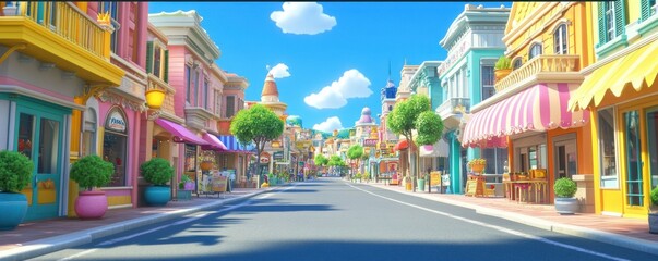 Vibrant Colorful Town Street Scene: A Whimsical Day in a Candy-Colored Town
