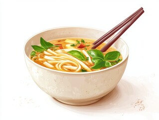 Light Beige Bowl of Noodle Soup with Fresh Basil and Chopsticks