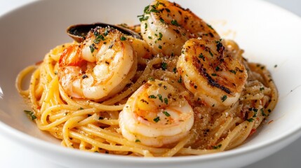 A gourmet seafood linguine with shrimp, clams, and a white wine sauce,