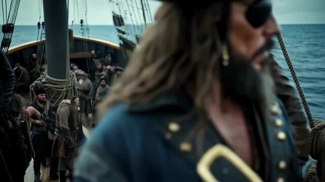 A cinematic-style portrait of a rugged pirate captain on a ship deck, under a cloudy sky, dramatic and adventurous atmosphere