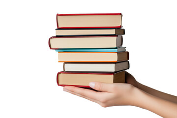  Female hands holding a stack of books on Transparent PNG format Background. 