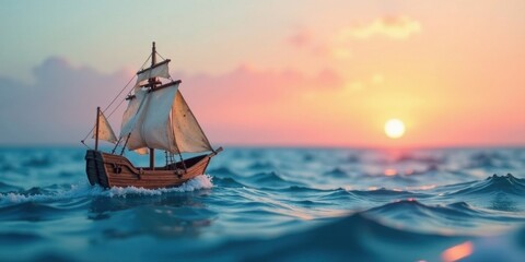 A tiny wooden sailboat glides serenely across a calm ocean's surface, bathed in the warm glow of a breathtaking sunset.