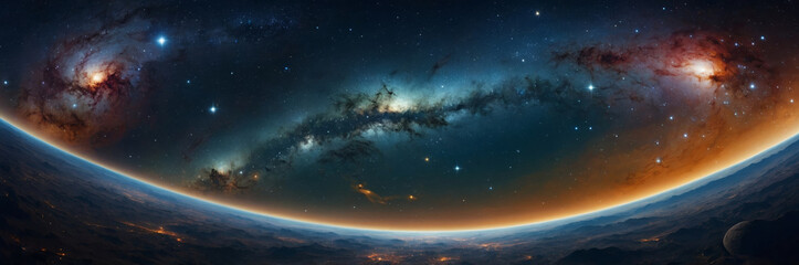 Fototapeta premium Panoramic view of Earth from space featuring vibrant galaxies and nebulae above the horizon.