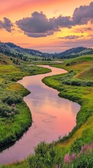 Fototapeta premium Serene Sunset River Landscape: A Breathtaking View of Nature's Beauty