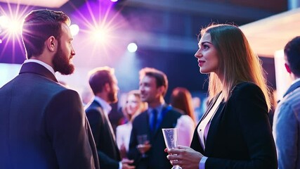 Corporate event networking: Man and woman in conversation at business gathering