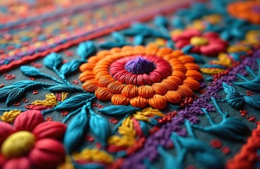 Detailed photo of vibrant ethnic fabric with intricate floral patterns, bold colors. Textile craftsmanship cultural heritage design, unique artisan embroidery artwork in rich stylish tapestry. Folk