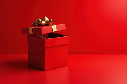 A Crimson Gift Box with Golden Accents, Partially Open Revealing Sparkling Interior on a Matching Background