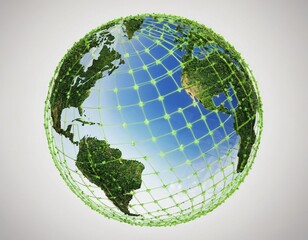 Stylized digital globe logo, featuring interconnected lines and dots to symbolize global connectivity and advanced technology, in cybernetic blue and digital green colors, white background