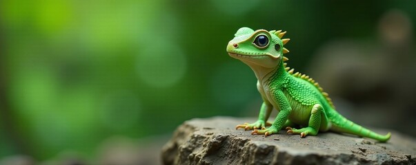 Fototapeta premium Adorable small dragon in sage green color sitting on a rock, wings, sage green