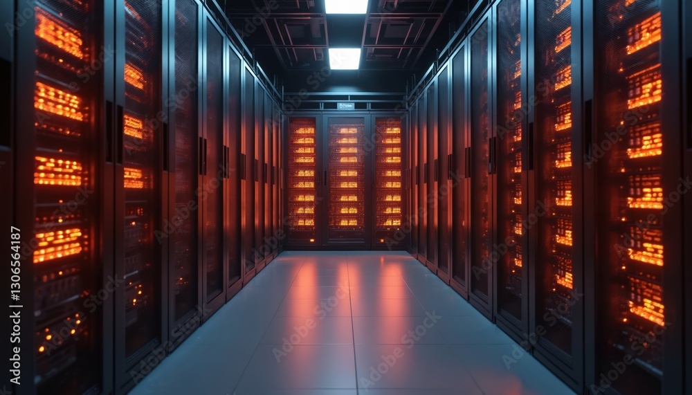 Leinwandbilder modern data center with rows of rack servers illuminated by orange lights. it infrastructure, networ