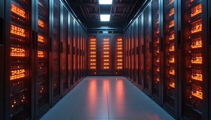 Modern data center with rows of rack servers illuminated by orange lights. IT infrastructure, networking, data storage, information processing. High tech equipment room with data array hardware.