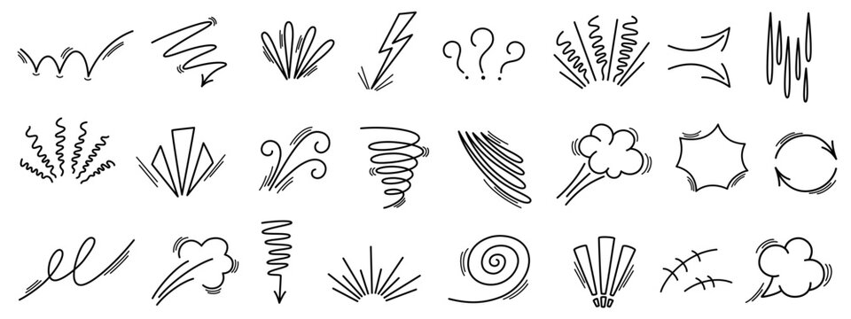 Line movement emotion effect element, cartoon emotion effect decoration icon. Hand drawn effect manga doodle line element arrow, emphasis, shock, sparkle. Expression sign anime line movement vector