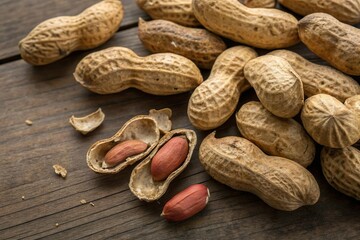 Peanut in shell on wooden table. Natural snack