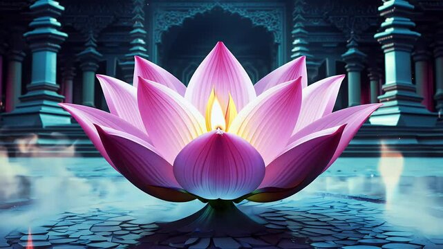 mesmerizing digital animation featuring lotus flower floating amidst swirling smoke flickering fire sparks set hyper realistic 4K background
