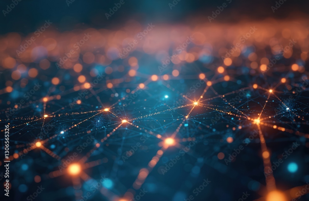 Poster Futuristic background shows IT field with glowing lines, dots. Digital neon design symbolizes future tech, networking, connection, business, science, energy motion, information. Perfect as wallpaper.