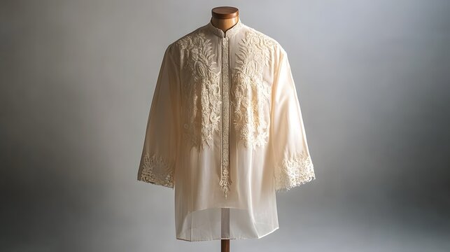 A traditional Filipino barong Tagalog in sheer embroidered fabric, elegantly displayed