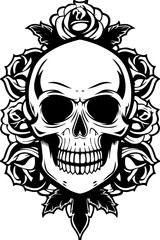 Obraz premium SVG vector features dark fantasy skulls death and symbols. Black and White Skull Design Surrounded by Rose Flowers