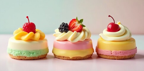Assorted selection of mini kawaii pudding desserts in pastel colors, assortment, sweet