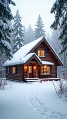 Small cabin in the woods with a snow covered roof. The cabin is surrounded by trees and has a path leading up to it
