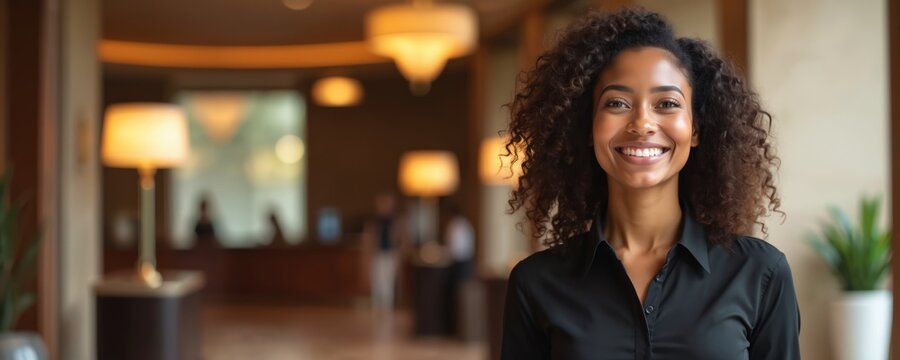 Portrait of hotel hostess with radiant smile in elegant lobby. Welcoming employee, happy worker in uniform. Positive, helpful, approachable, inviting hospitality industry representative with
